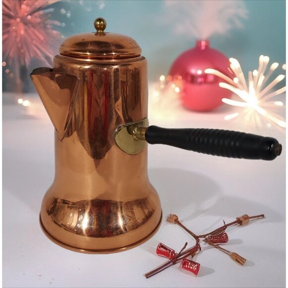 Vintage Other - Copper Pot Chocolate Coffee Tea Kettle 8” Brass Wood Side Handle Vintage